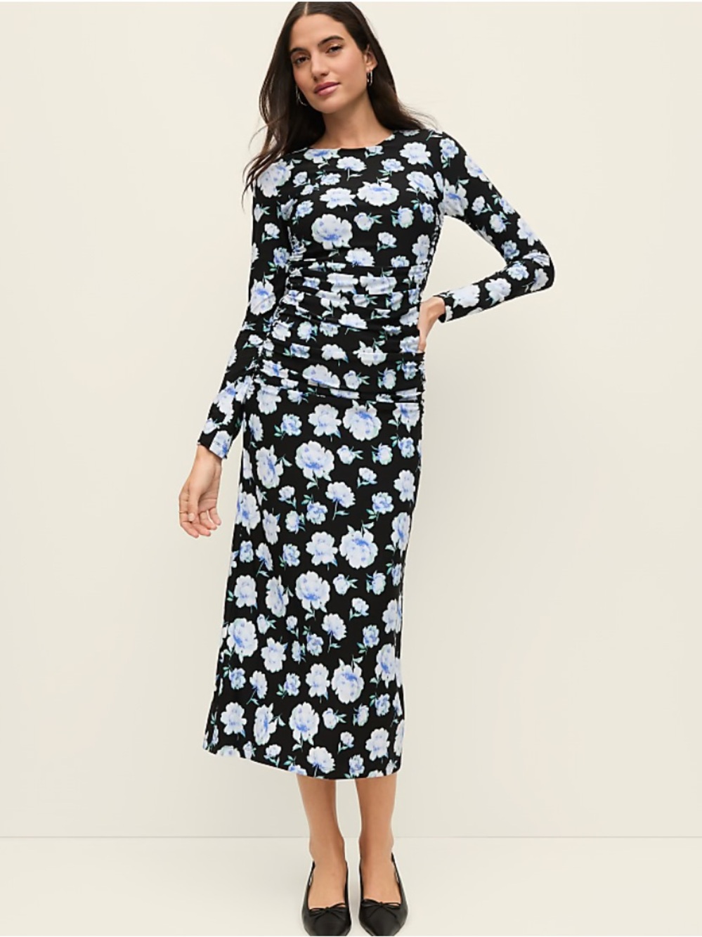 Ann Taylor Soft Cornflower Floral Ruched Midi Dress Back Keyhole Women’s Sz 10